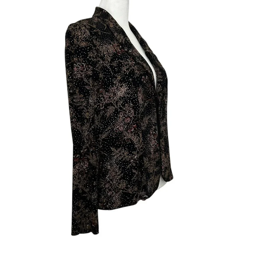 Alex Evenings Vintage Metallic Glitter Floral Design Open Front Jacket (S)